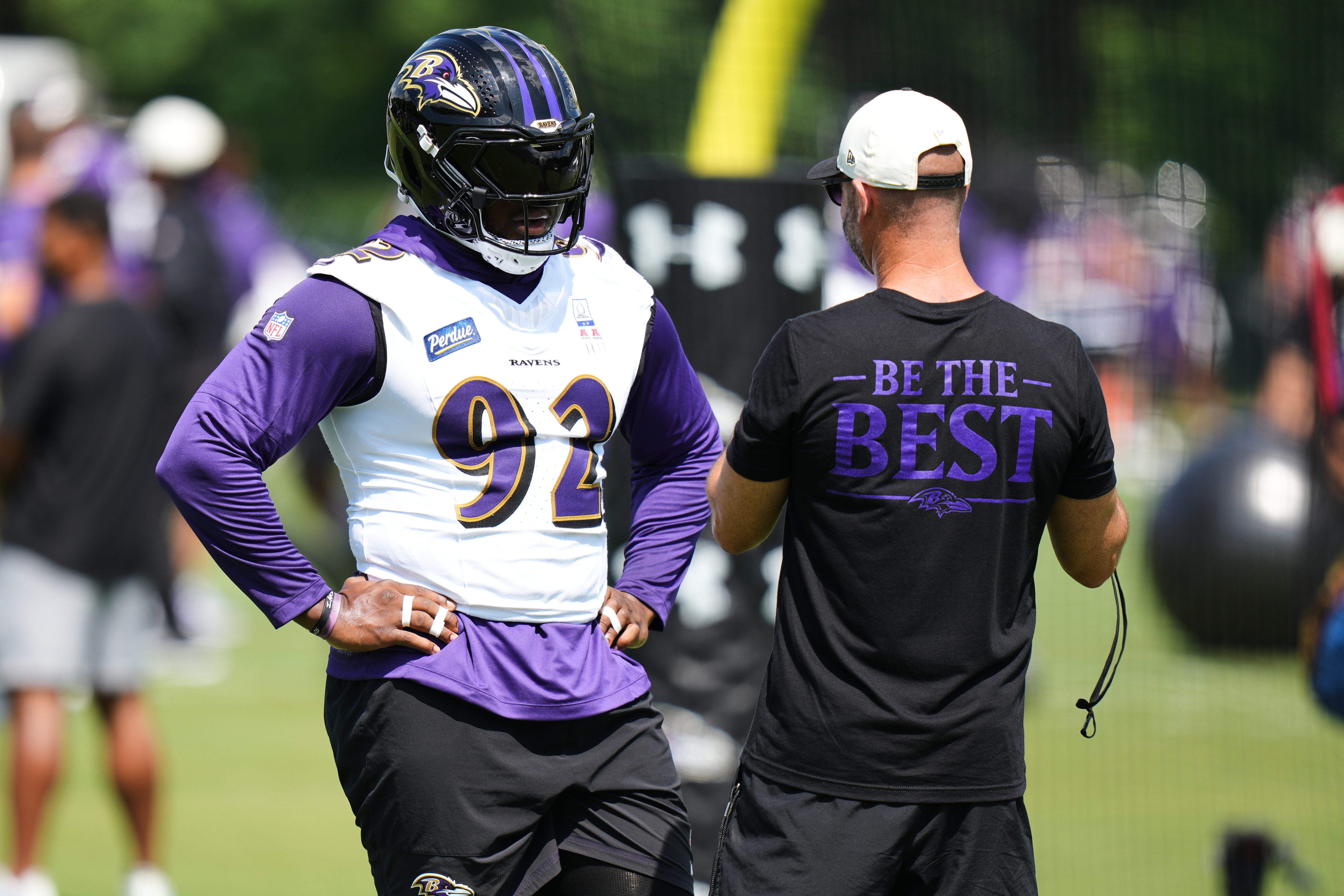 Baltimore Ravens defensive tackle Nnamdi Madubuike (92) works out during practice at the team's NFL football training camp, Wednesday, July 29, 2026, at the Under Armour Performance Center in Owings Mills, Md. (AP Photo/Stephanie Scarbrough)