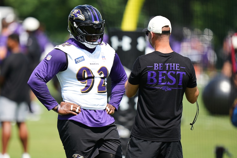 Baltimore Ravens defensive tackle Nnamdi Madubuike (92) works out during practice at the team's NFL football training camp, Wednesday, July 29, 2026, at the Under Armour Performance Center in Owings Mills, Md. (AP Photo/Stephanie Scarbrough)