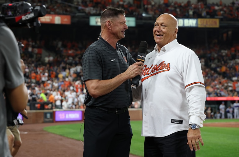 Ben McDonald, former Orioles pitcher and current Mid-Atlantic Sports Network commentator, with Hall of Famer Cal Ripken Jr.