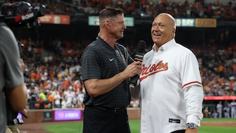 Ben McDonald, former Orioles pitcher and current Mid-Atlantic Sports Network commentator, with Hall of Famer Cal Ripken Jr.