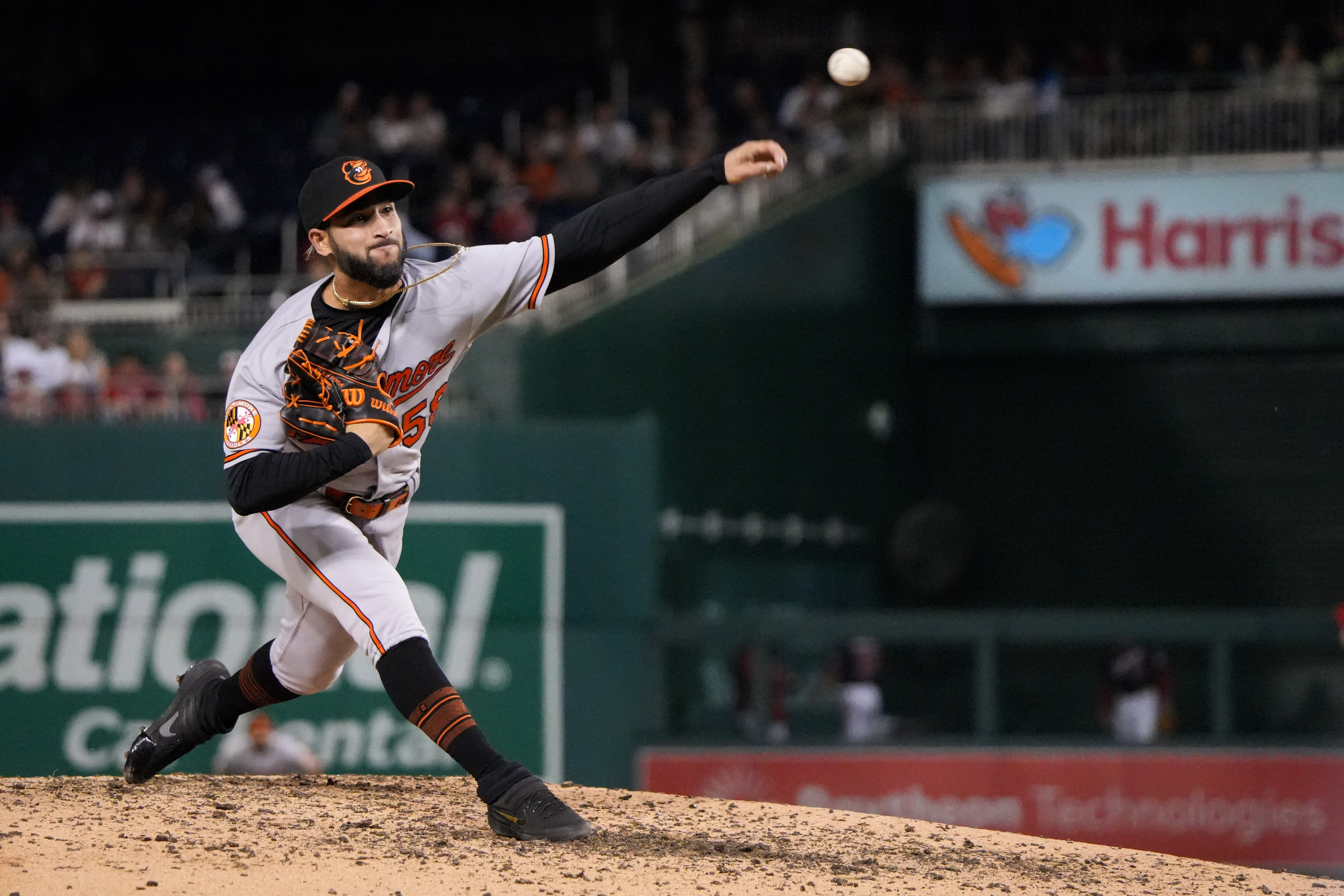 Baltimore Orioles relief pitcher Cionel Perez (58) throws a pitch in a baseball game against the Washington Nationals at Nationals Park on Wednesday, April 19. The Orioles beat the Nationals, 4-0, to win the 2-game series.