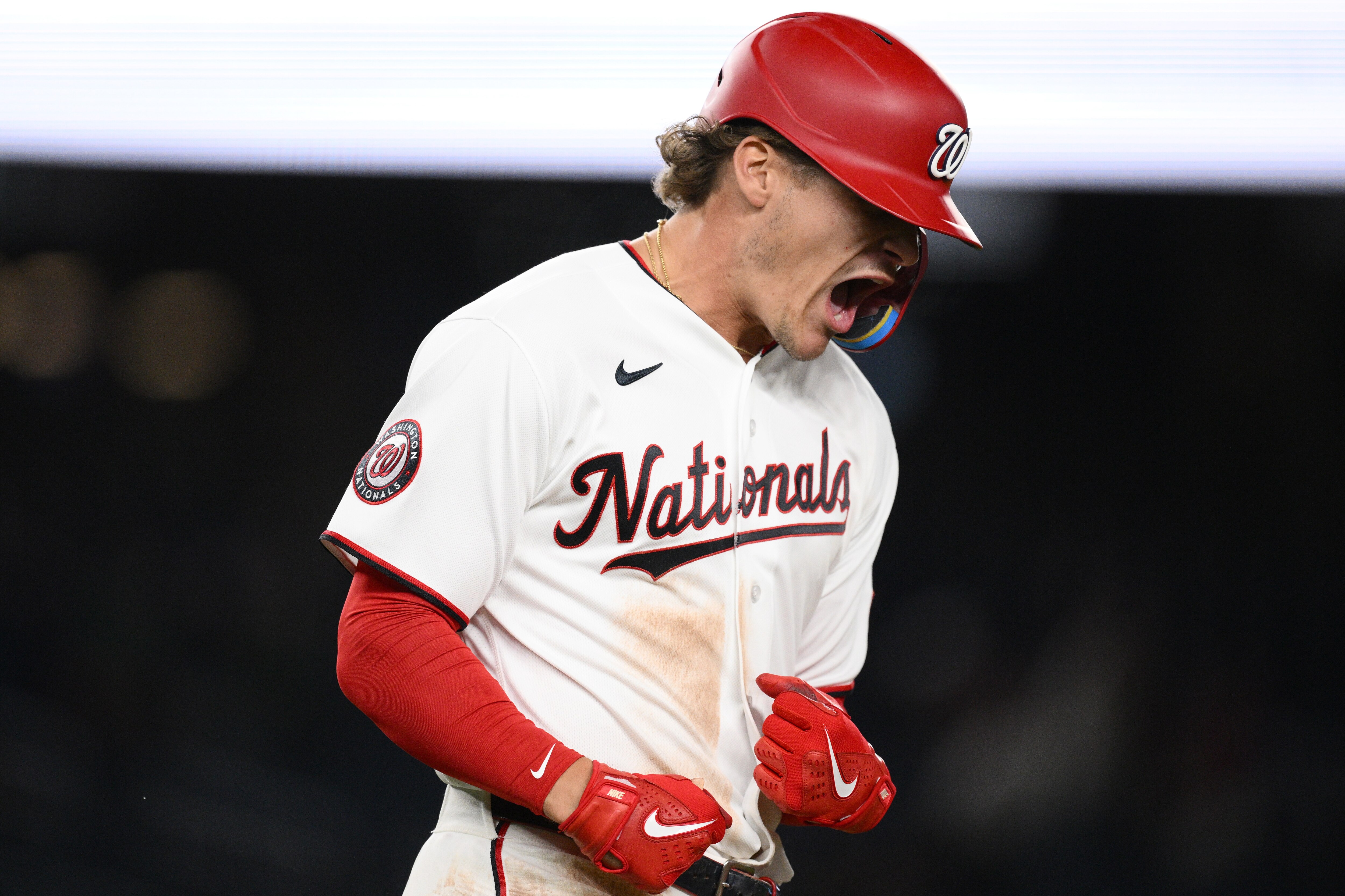 Washington Nationals' Brady House reacts after he hit a go-ahead two-run home run during the eighth inning against the St. Louis Cardinals.