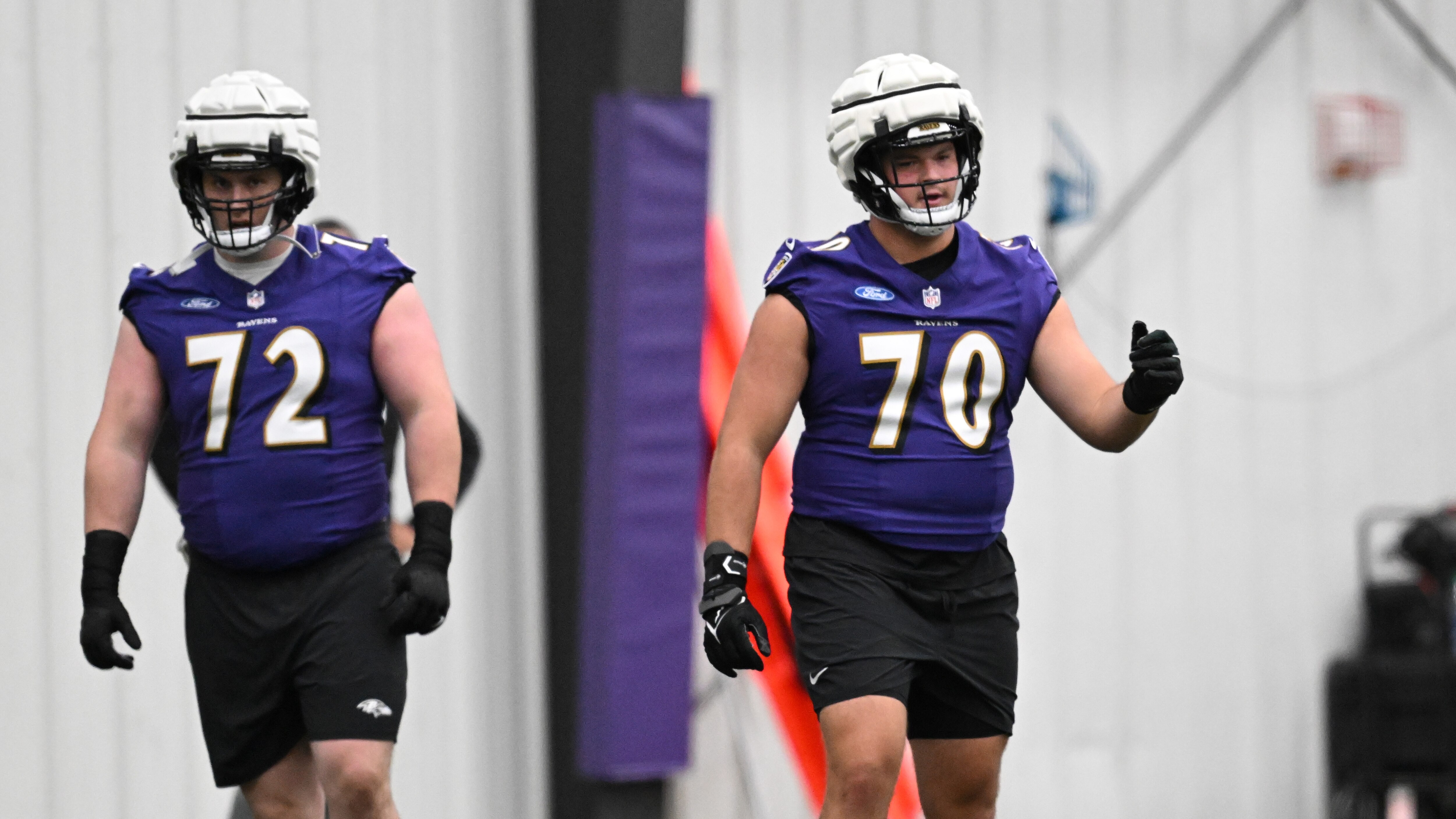 Baltimore Ravens rookie tackle Roger Rosengarten, center, during work out Saturday, May 4 2024 in Owings Mills, Md.