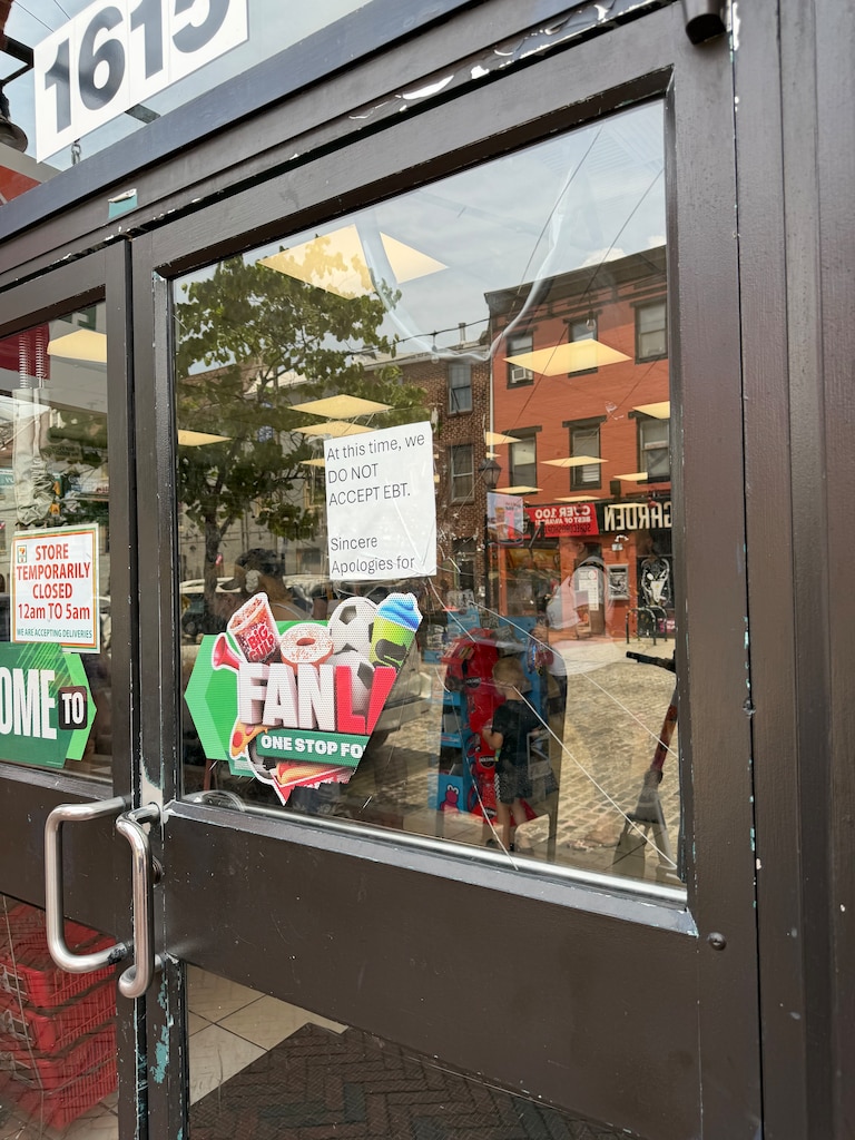 The window of the 7-Eleven on Thames Street on Sunday, June 21, 2026. It was cracked after nearly 1,000 young people had to be dispersed in the area by Baltimore Police officers the previous night.