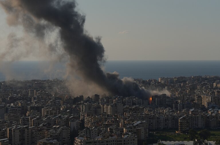Flames and smoke rise from Israeli airstrikes on Dahiyeh, a southern suburb of Beirut, Lebanon.