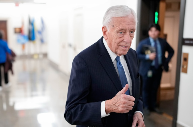 U.S. Rep. Steny Hoyer flashes a thumbs up before taking an elevator ride after an interview outside his office in the Longworth House Office Building next to the U.S. Capitol in Washington, D.C. on Friday, January 3, 2025.