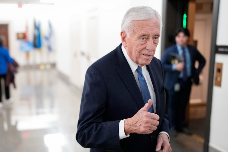 U.S. Rep. Steny Hoyer flashes a thumbs up before taking an elevator ride after an interview outside his office in the Longworth House Office Building next to the U.S. Capitol in Washington, D.C. on Friday, January 3, 2025.