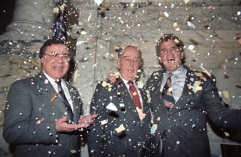 From left, Lieutenant Gov. Melvin Steinberg, Gov. William Donald Schaefer, and State Senate President Mike Matness at Sine Die in 1987.
