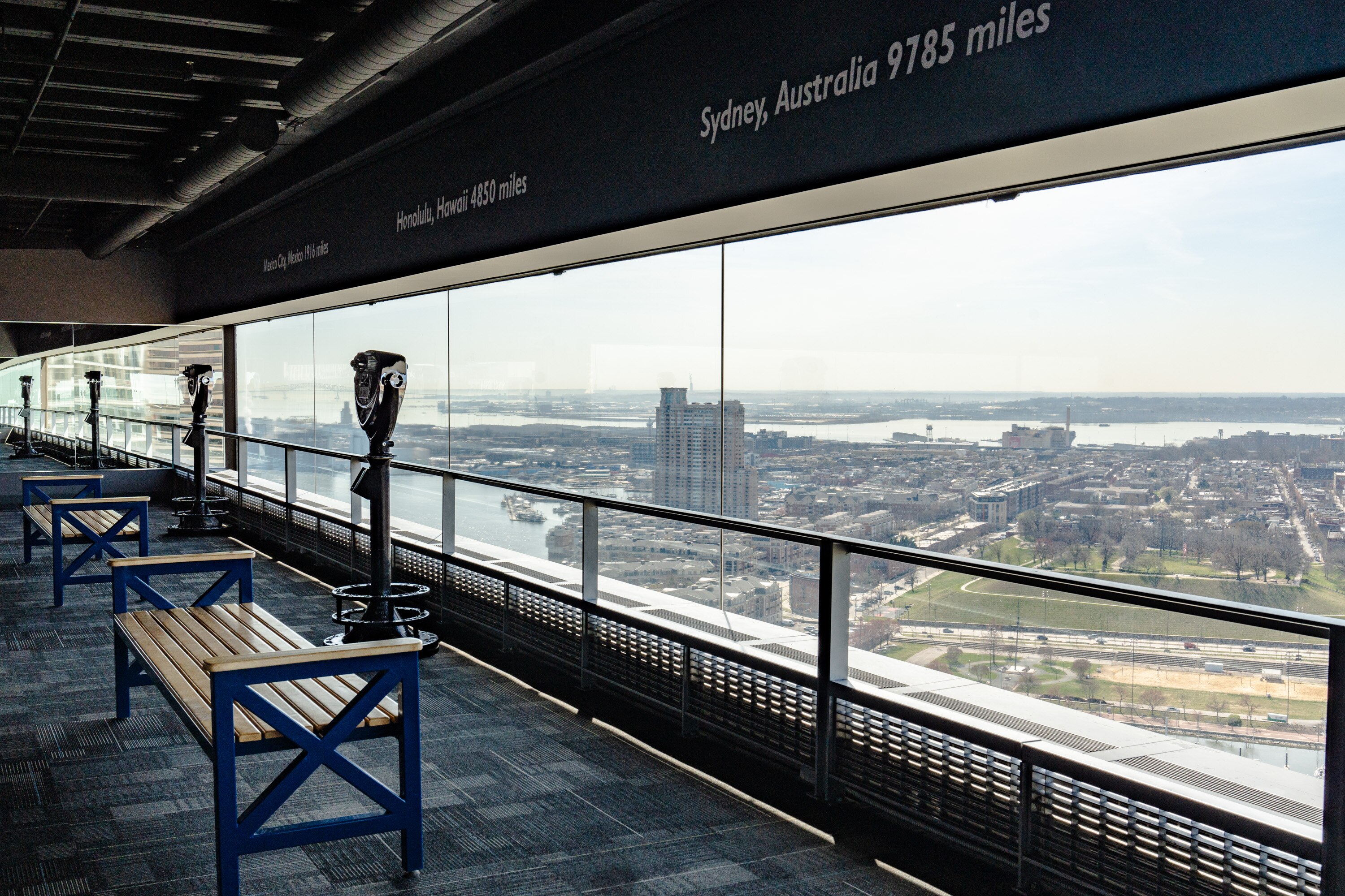 Visitors to the Top of the World Observation Level in the World Trade Center can see parts of Baltimore through tower views.
