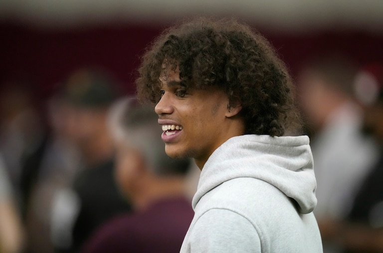 Arizona State wide receiver Jordyn Tyson watches teammates during the school's pro day on March 27.