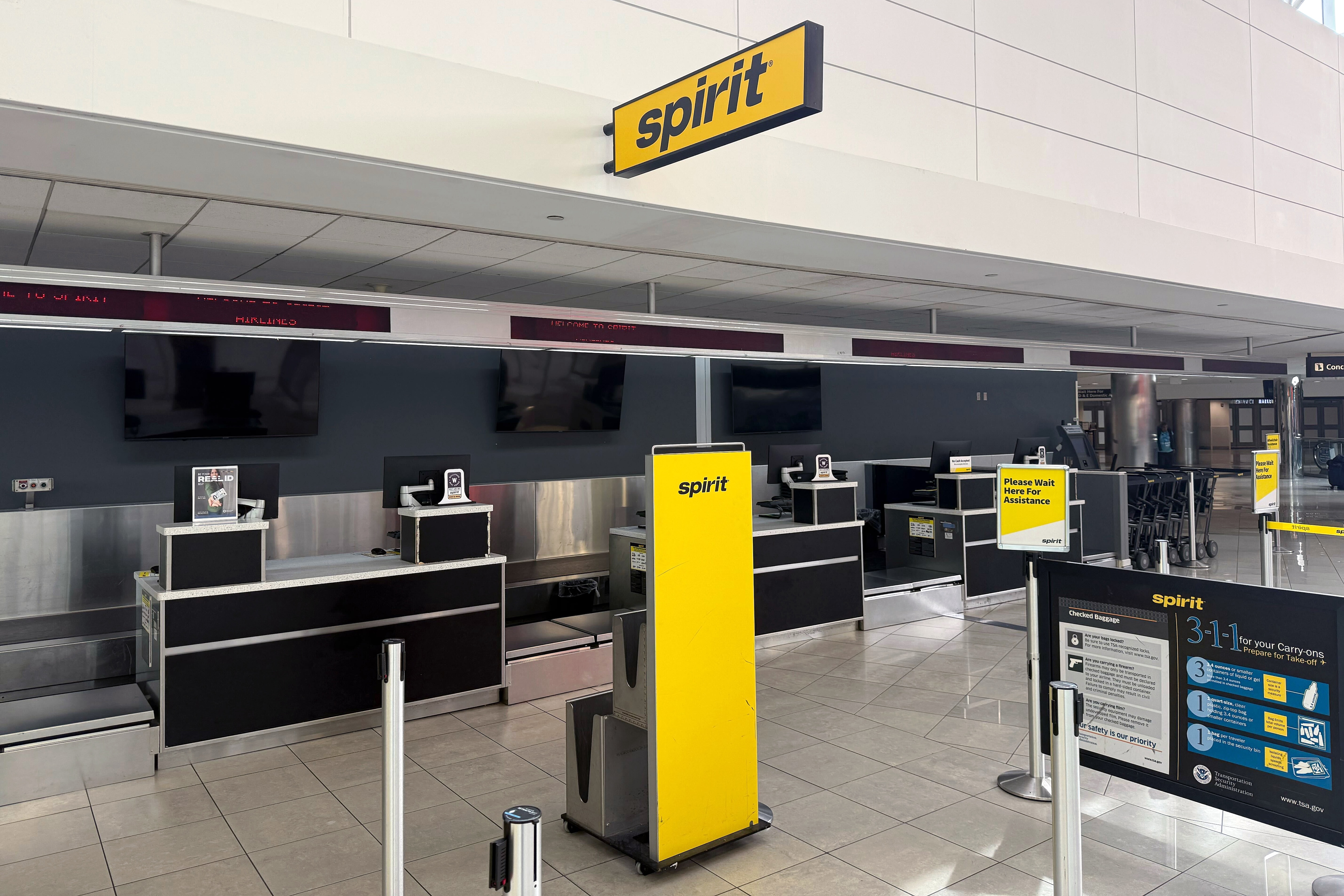 SATURDAY, MAY 2, 2026 - Screens at the Spirit check-in area at Baltimore/Washington International Thurgood Marshall Airport have been shut off.