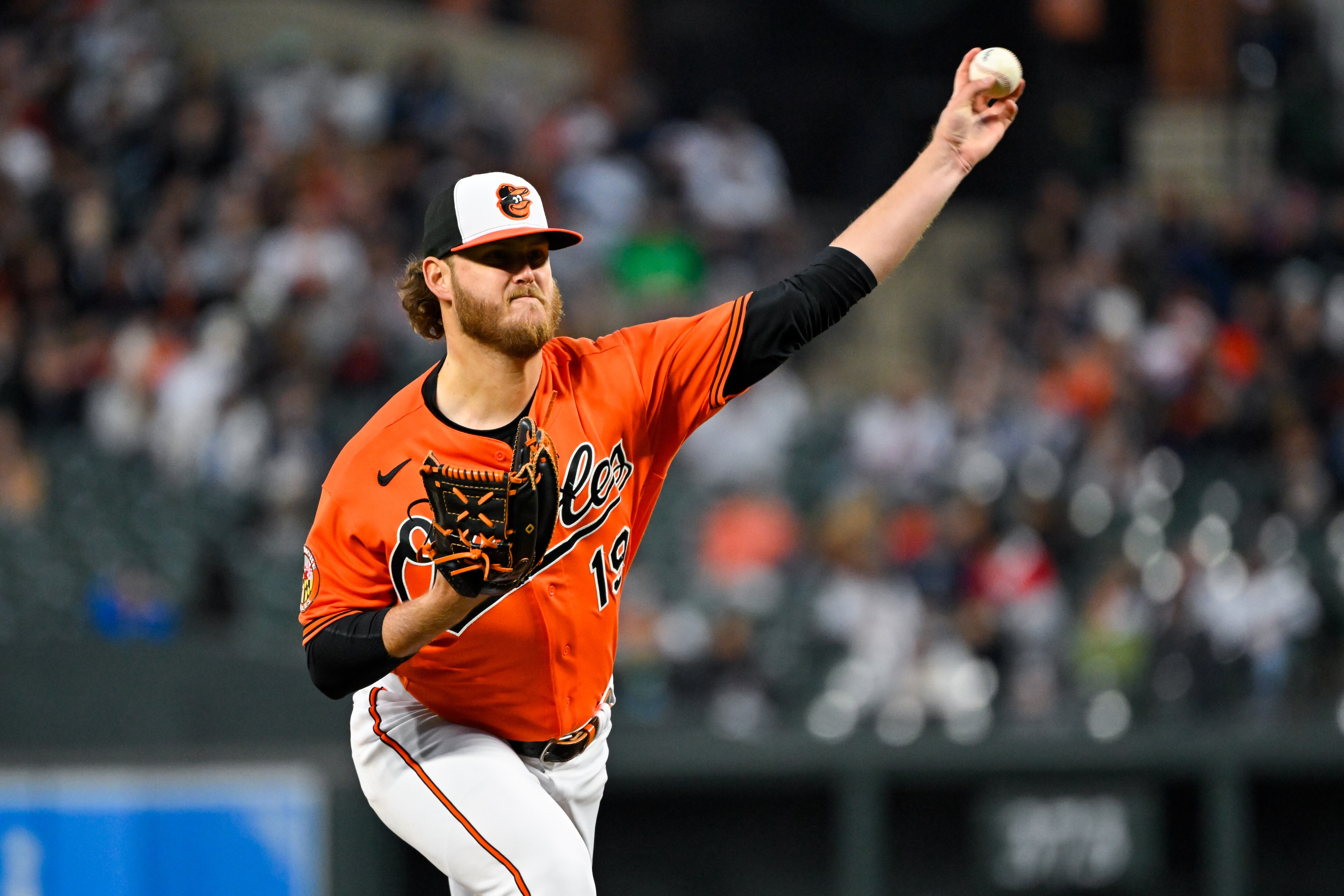 Baltimore Orioles starting pitcher Cole Irvin (19) throws during the second inning of a game against the New York Yankees, Friday, April 7, 2023, in Baltimore.