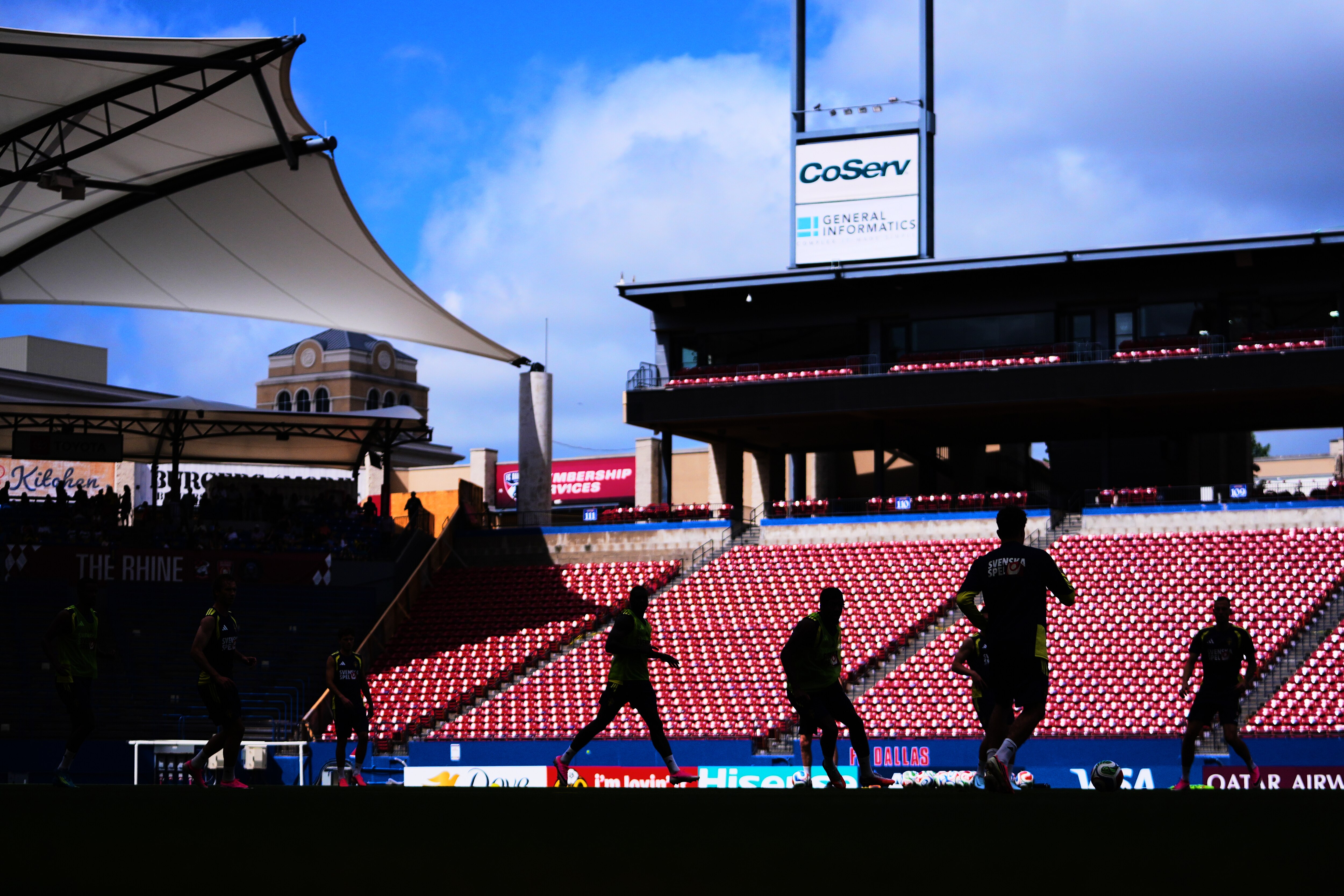 Members of the Sweden men's national soccer team work out at Toyota Stadium, Tuesday, June 9, 2026, in Frisco, Texas, ahead of the FIFA World Cup soccer tournament.