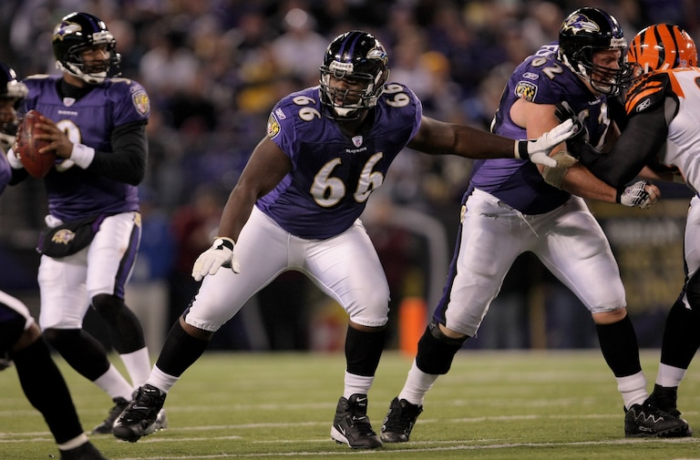 Offensive guard Ben Grubbs #66 of the Baltimore Ravens blocks against the Cincinnati Bengals at M&T Bank Staduim on November 11, 2007 in Baltimore, Maryland.