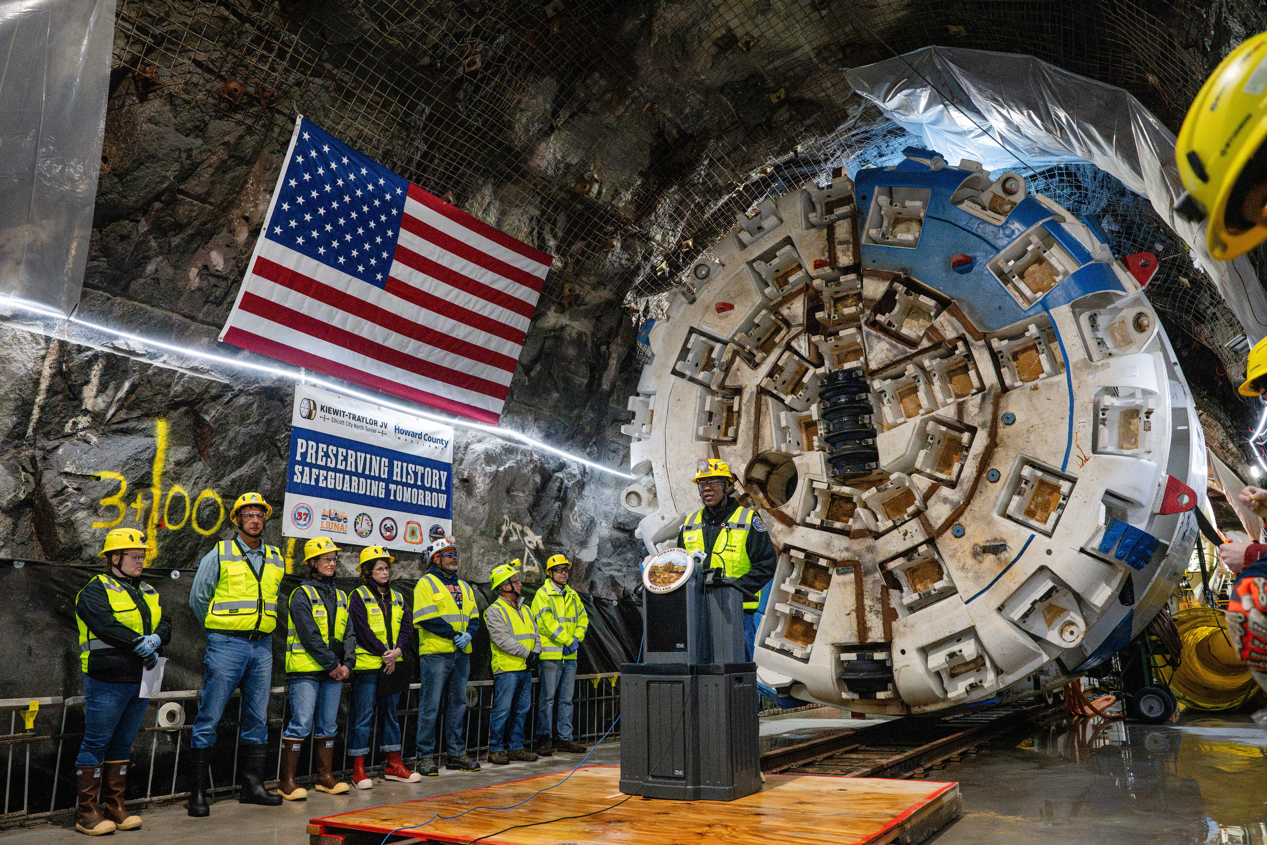 County Executive Calvin Ball hosts a tour of the new North Tunnel in Ellicott City.