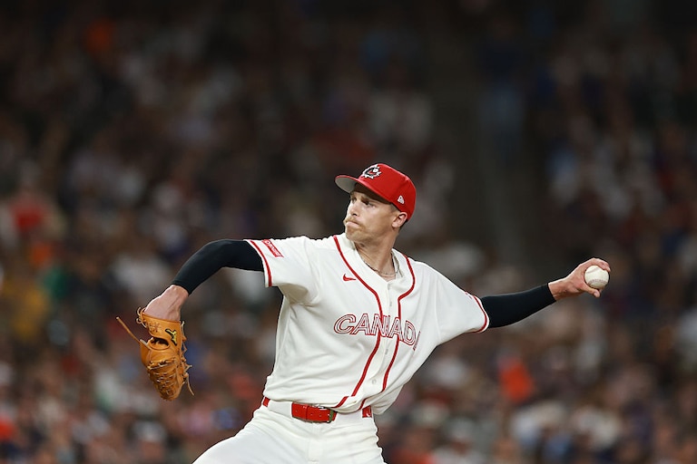 Orioles prospect Micah Ashman pitches for Team Canada against Team USA on March 13.