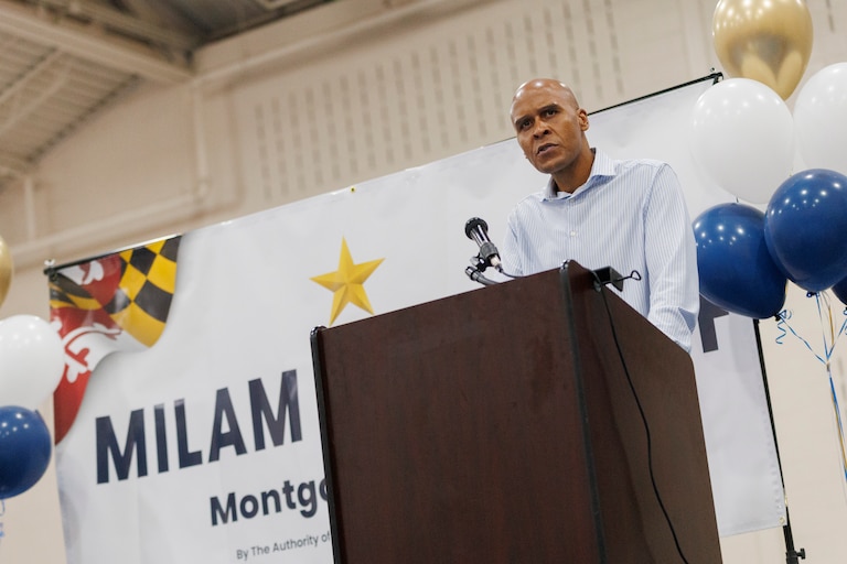 Saturday, Sept. 6, 2025 - Will Milam speaks during his campaign kickoff event announcing his run for Montgomery County Sheriff at the Activity Center at Bohrer Park in Gaithersburg.