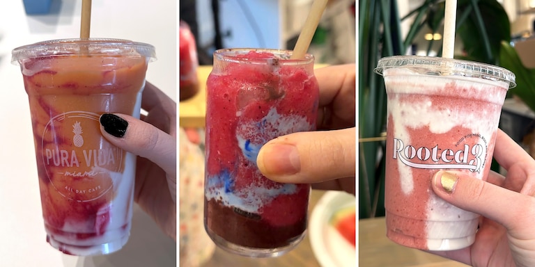 From left to right, Pura Vida Miami in Potomac, Life Alive Cafe in D.C. and Rooted3 in Bethesda now offer similarly colorful and supplement-filled smoothies as Erewhon.