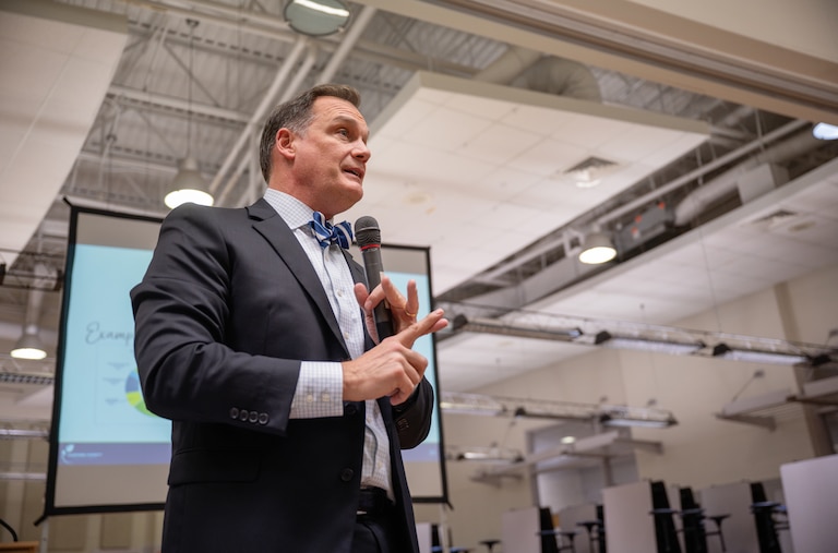 Harford County Schools Superintendent Dr. Sean Bulson delivers a presentation on the school's budget shortfall to community members at Aberdeen High School on November 20, 2024, in Aberdeen, Md.