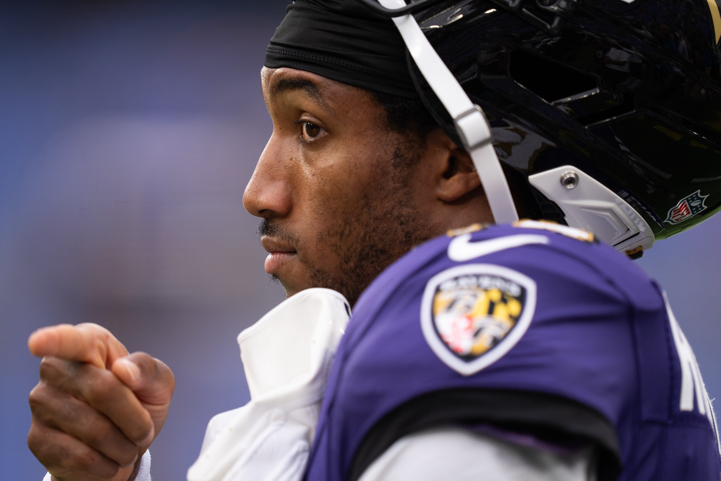 Baltimore Ravens cornerback Marlon Humphrey (44) talks to a coach before the Ravens host the Indianapolis Colts during the preseason at the M&T Bank Stadium in Baltimore City, Md.