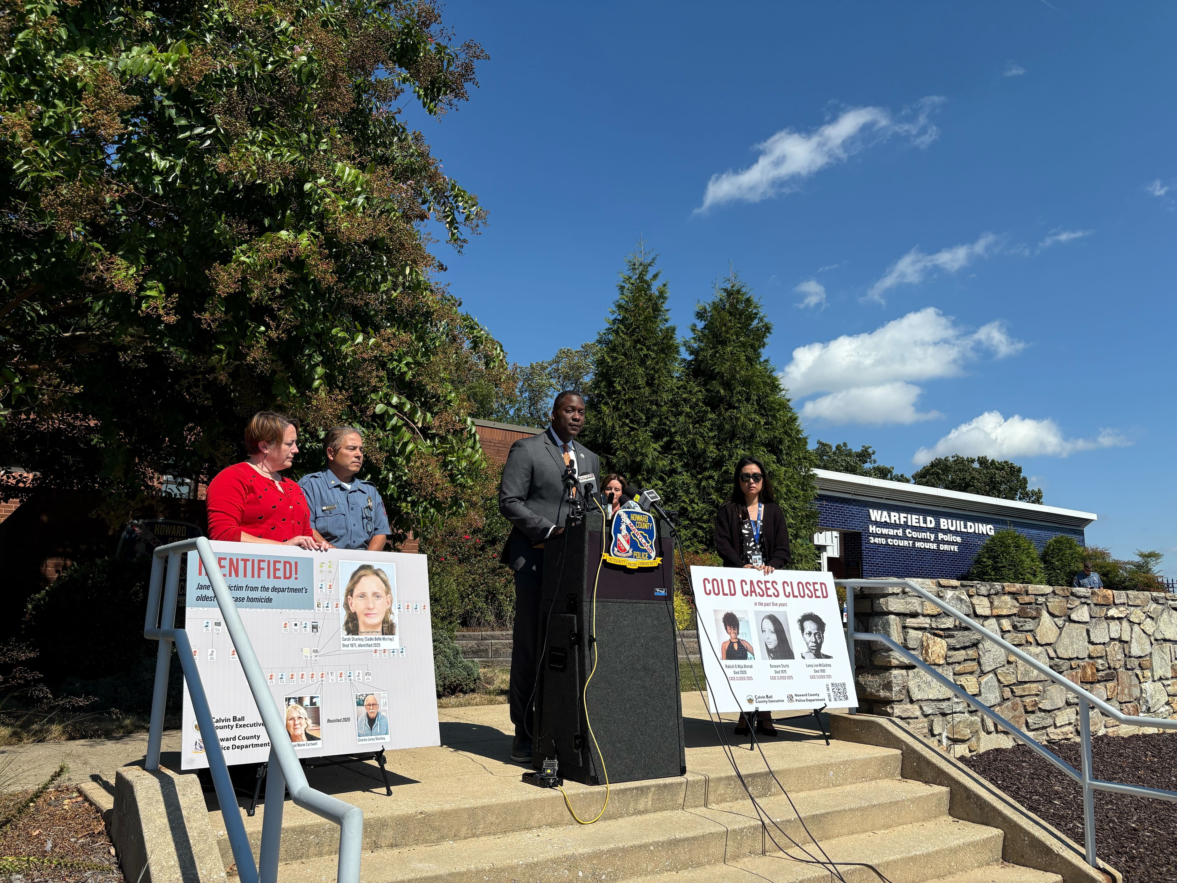 Howard County Executive Calvin Ball speaks Thursday at a news conference outside the county police station about the department's identification of a woman in a 1971 cold case.