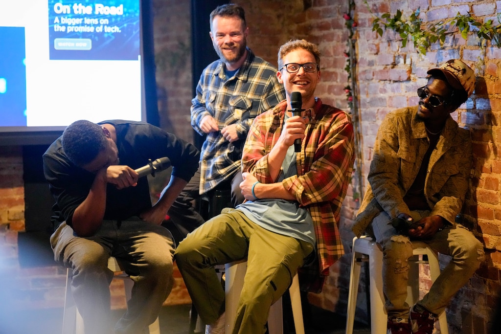 A panel of comedians reacts to comedian Matt Pennington’s, second from right, hot takes on the news during The Droconomist comedy show at Old Major in the Pigtown neighborhood of Baltimore, Md. on Friday, September 25, 2026.