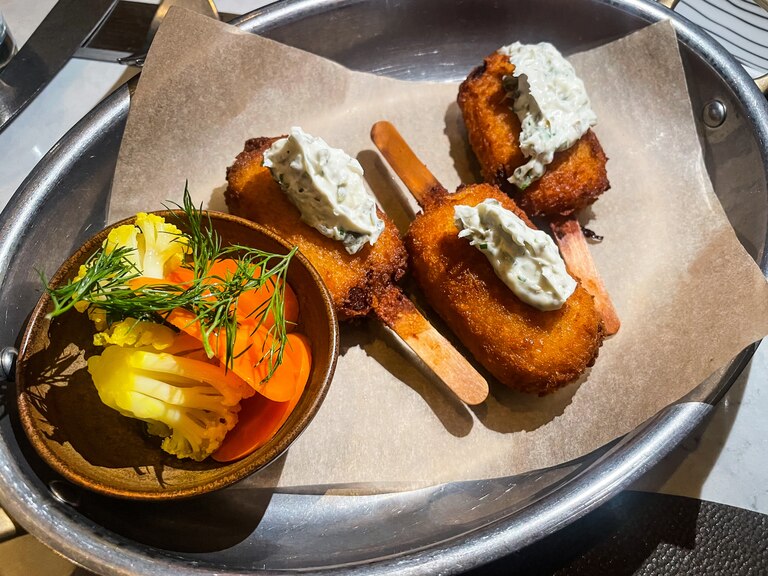 Coddies at Wye Oak Tavern are served with pickled vegetables.