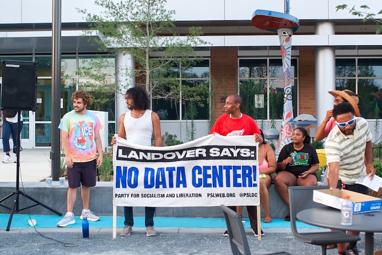 Prince George’s County residents protest against data centers outside of the Wayne K. Curry Administration Building in Largo on July 1.