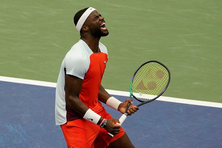 Frances Tiafoe, of the United States, reacts after defeating Andrey Rublev, of Russia, during the quarterfinals of the U.S. Open tennis championships, Wednesday, Sept. 7, 2022, in New York.