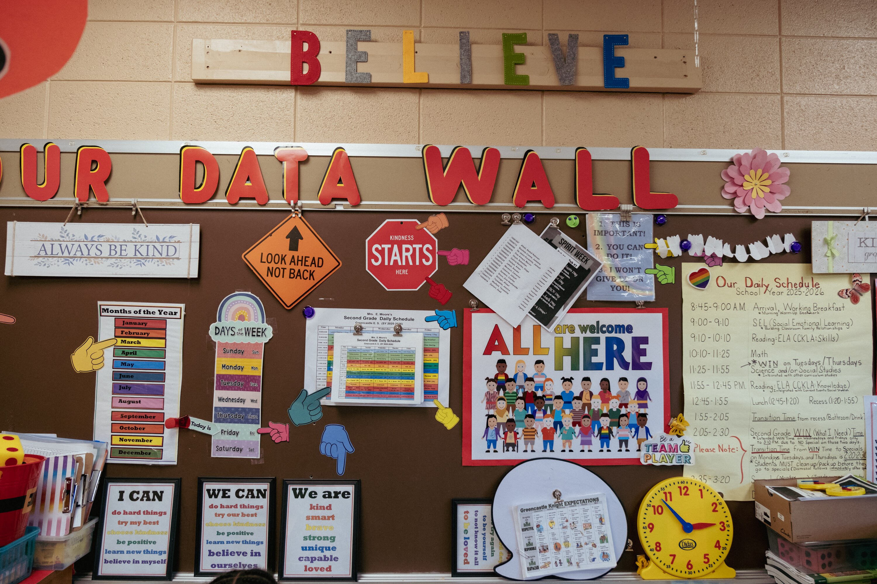 A classroom wall at Greencastle Elementary School displays positive language, class expectations and the daily schedule.