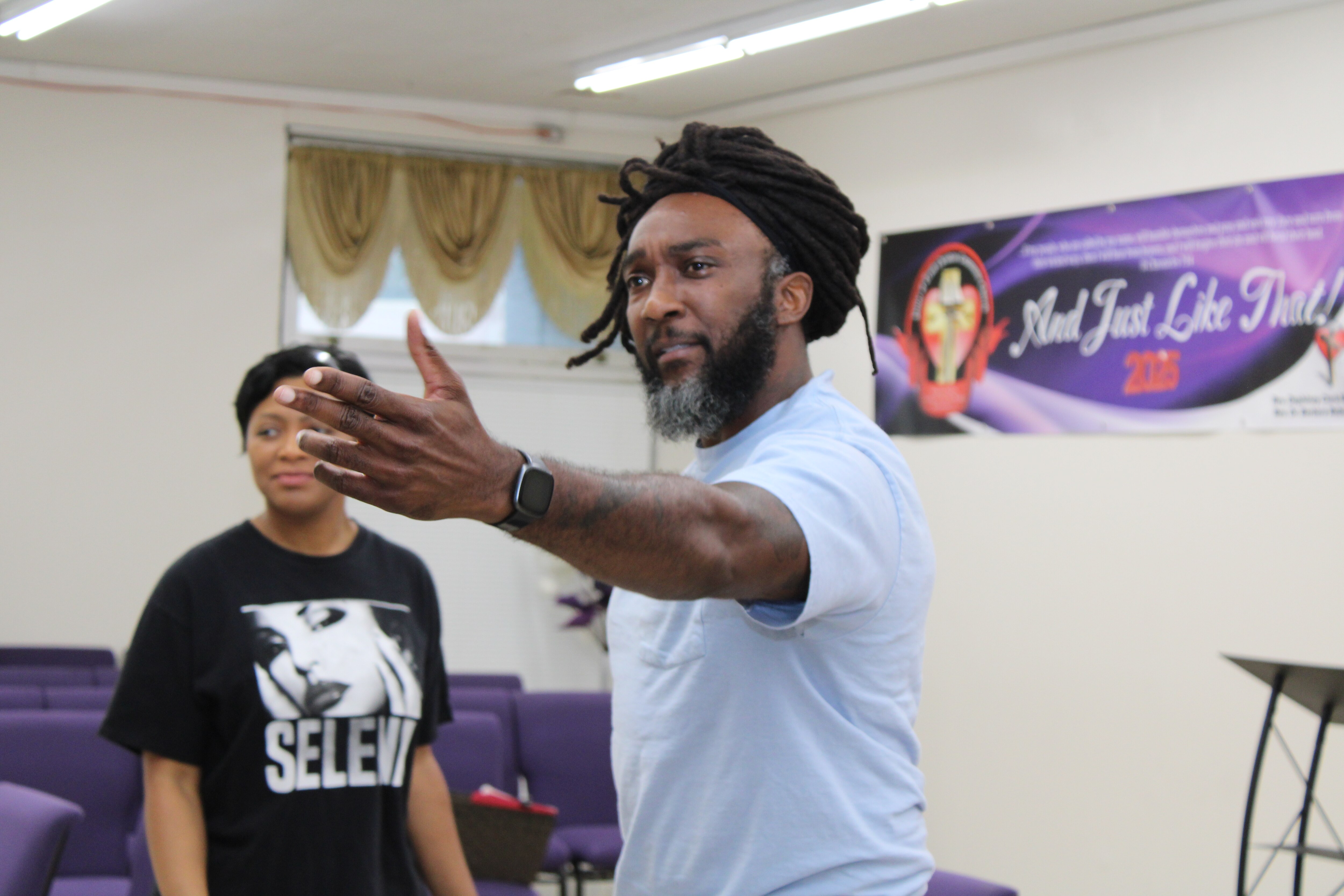Ebony Jackson, left, and Loch Edwards rehearse for "What You Don't See," which will be performed at the Chesapeake Arts Center on Oct. 18.