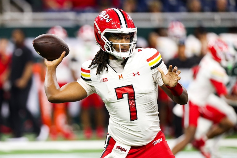 DETROIT, MICHIGAN - NOVEMBER 29: Malik Washington #7 of the Maryland Terrapins throws a pass during the second quarter of a game against the Michigan State Spartans at Ford Field on November 29, 2025 in Detroit, Michigan. (Photo by Mike Mulholland/Getty Images)