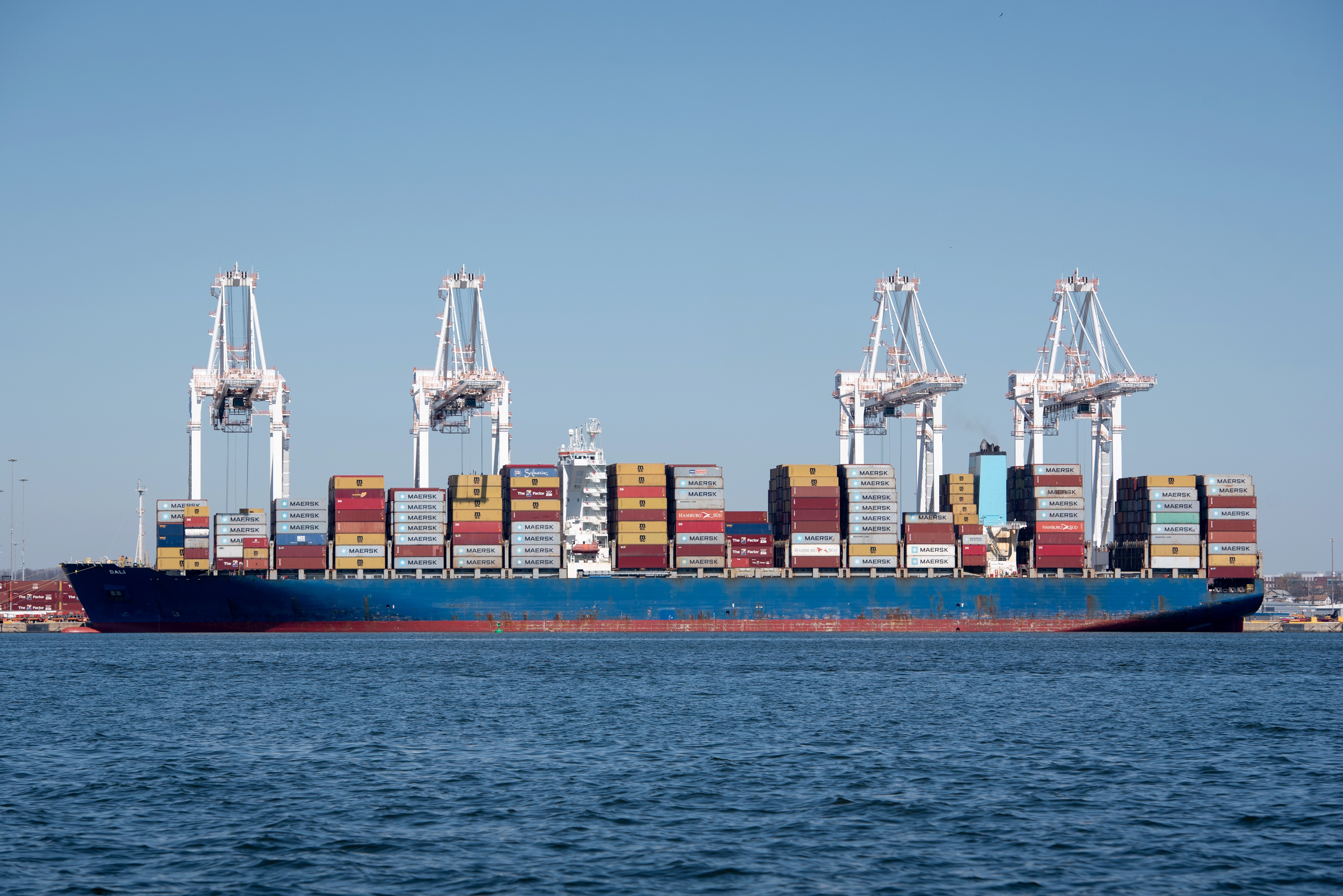 The cargo ship, Dali, docked in Baltimore, MD on 3/25/2024