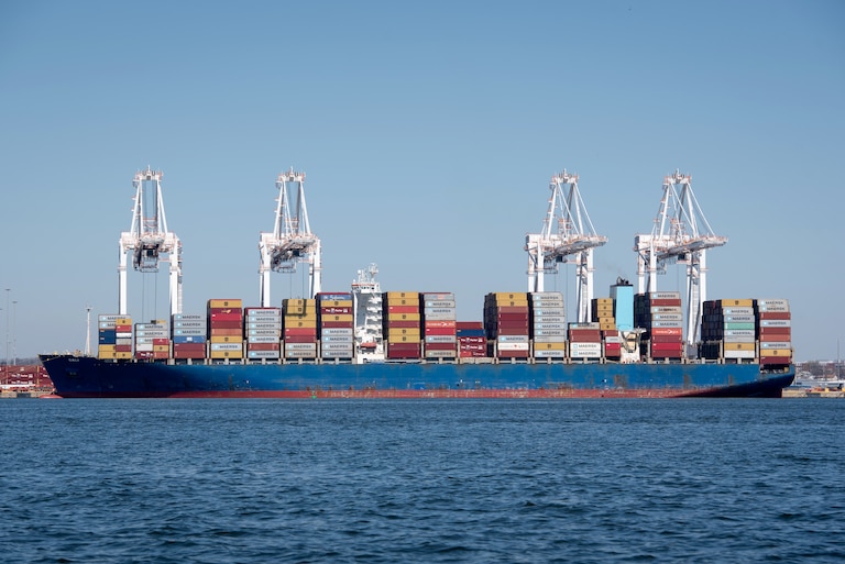 The cargo ship, Dali, docked in Baltimore, MD on 3/25/2024