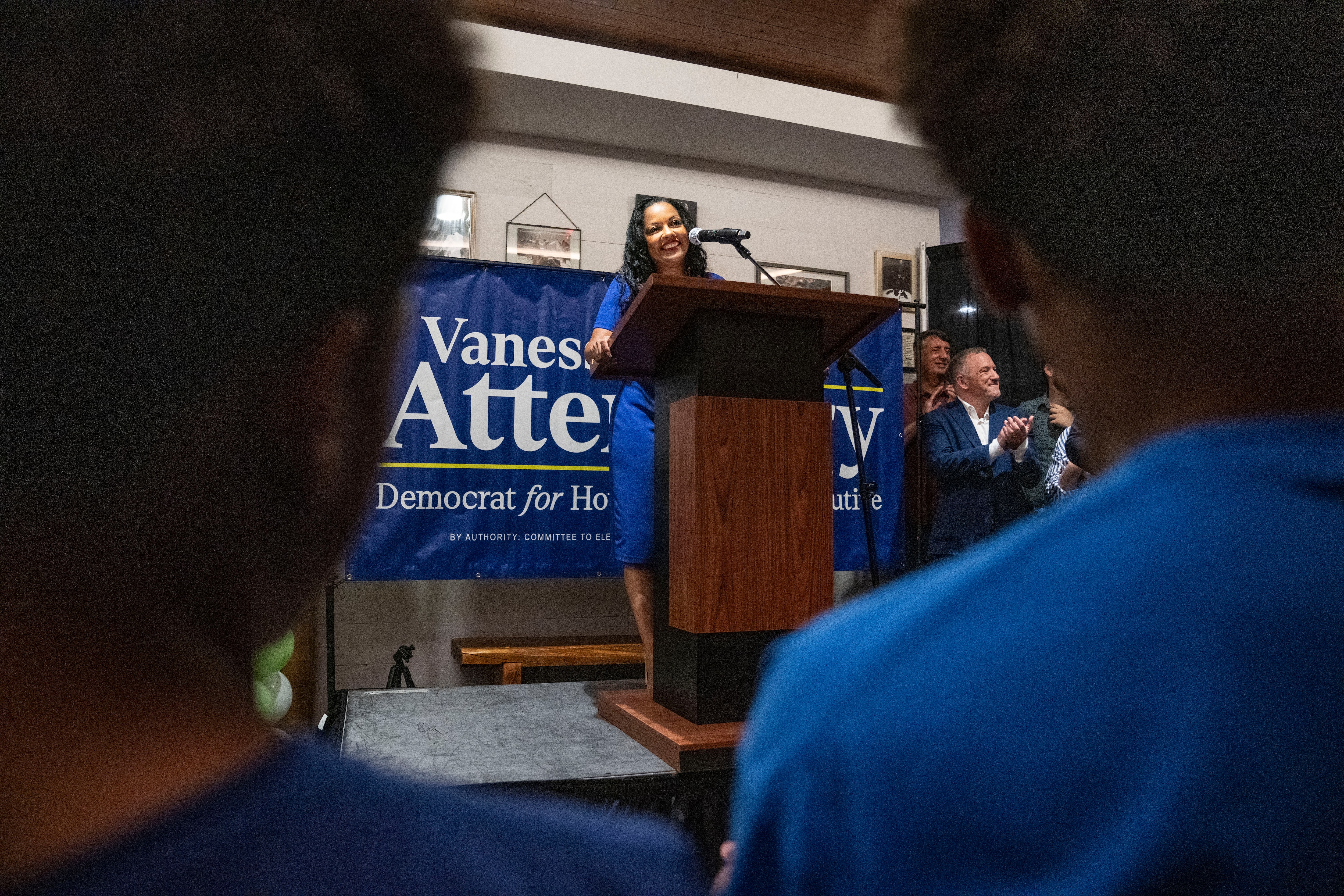 Howard County executive candidate Vanessa Atterbeary speaks at her primary election party at Columbia’s Merriweather Post Pavilion on Tuesday night.