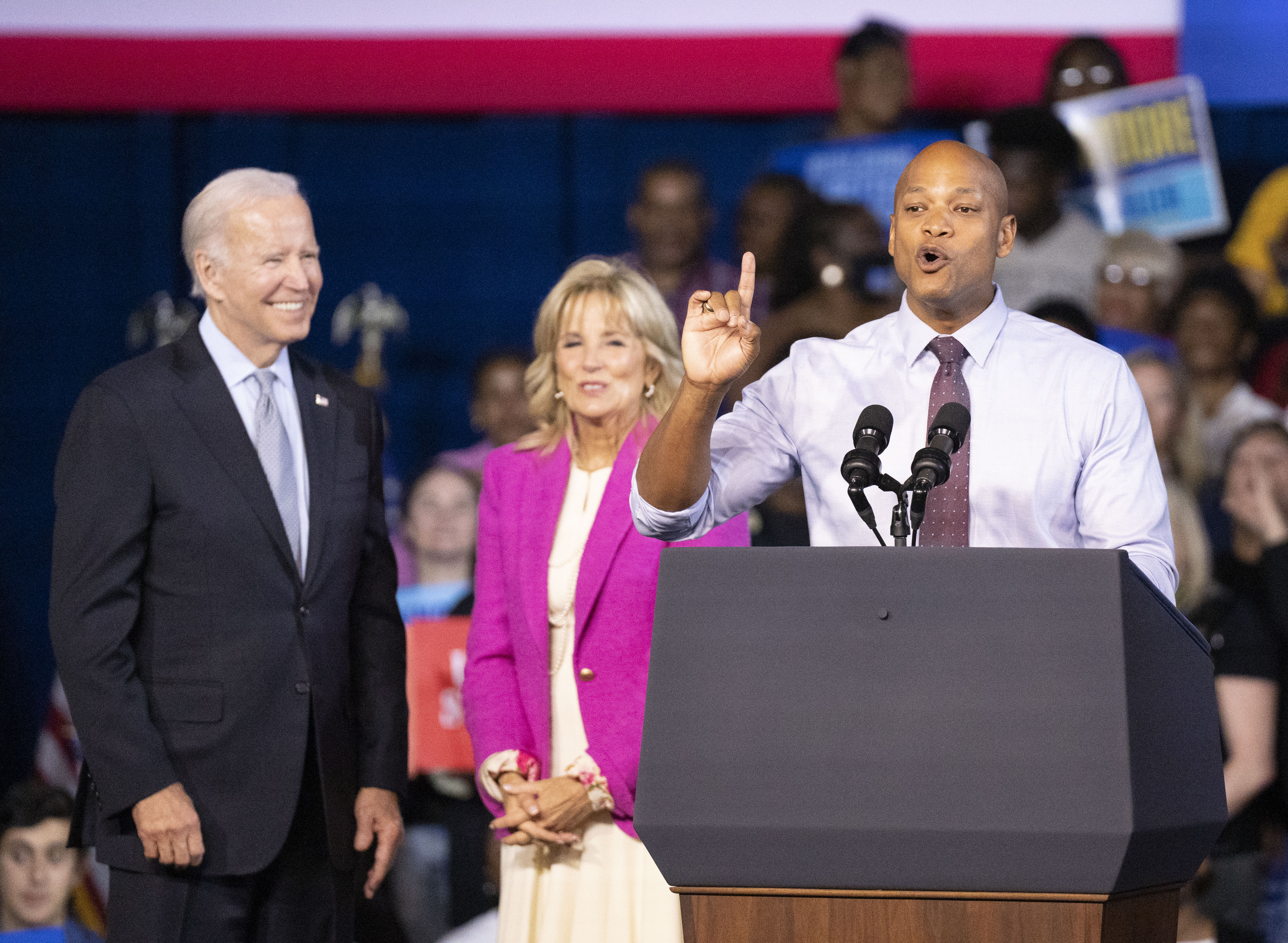Gubernatorial candidate Wes Moore speaks at a campaign event in support for himself at Bowie State University, in Bowie, MD. November 7, 2022.