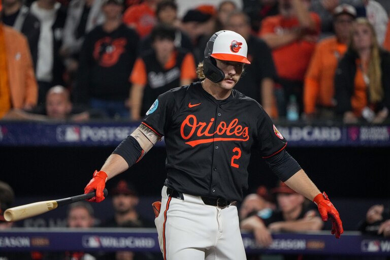 Baltimore Orioles shortstop Gunnar Henderson (2) reacts after striking out in the final at bat during the second game of the Wild Card playoff series against the Kansas City Royals at Camden Yards in Baltimore on Wednesday, October 2, 2024.