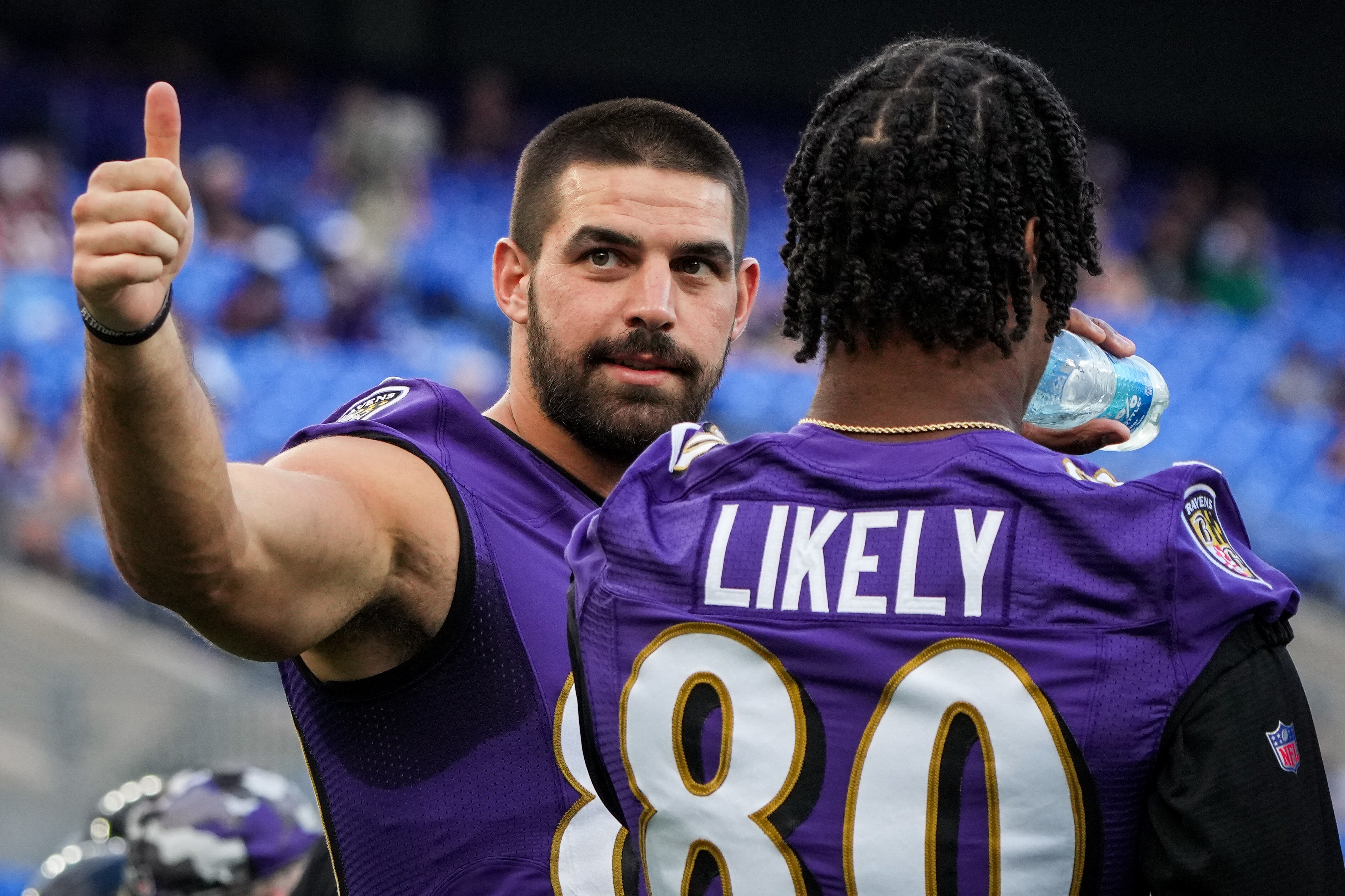 Ravens tight end Mark Andrews (left) is pleased with his recovery but not ready to say if he will play Saturday against the Houston Texans.