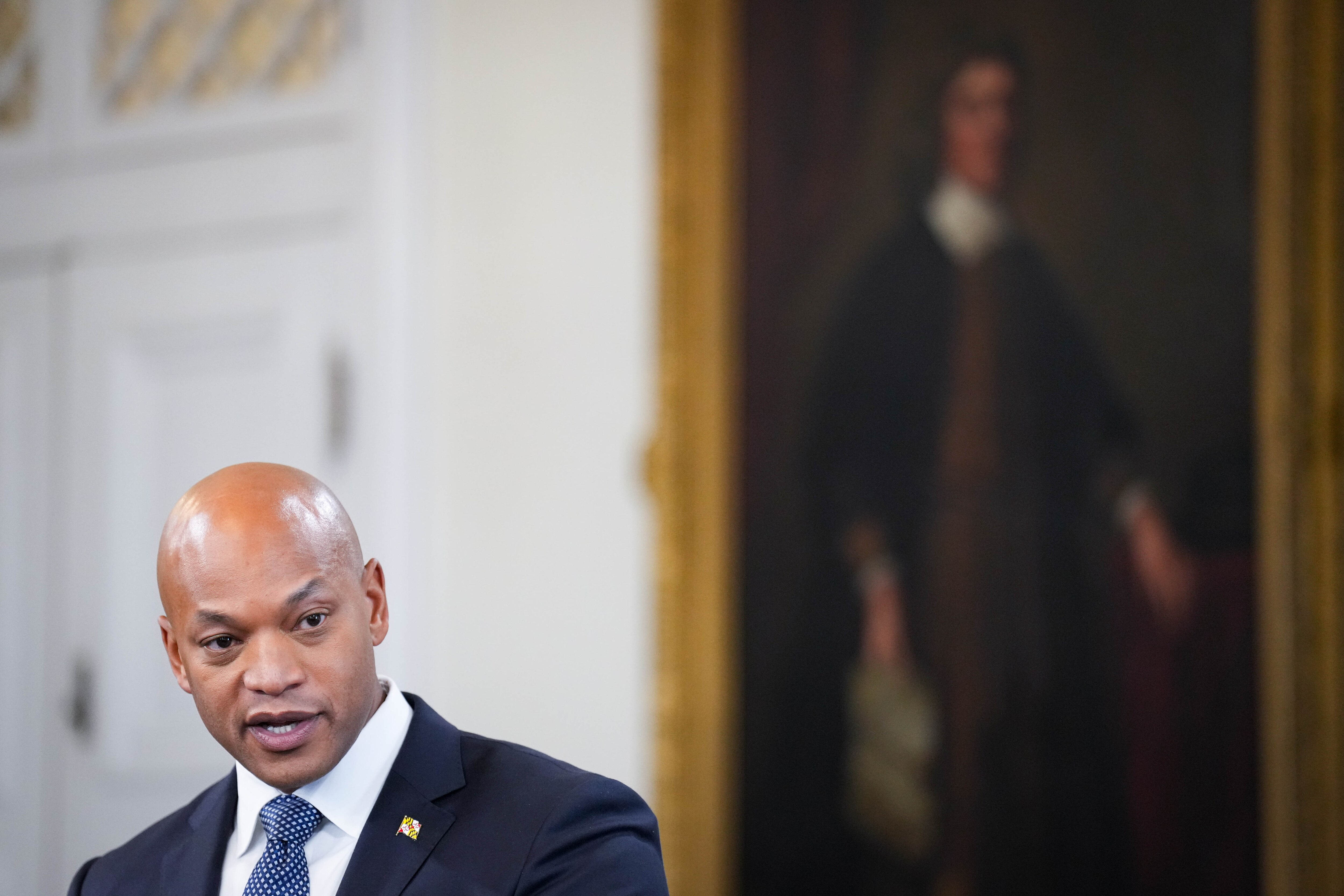 Maryland Gov. Wes Moore takes questions from reporters on the first day of the General Assembly session in the Maryland State House in Annapolis earlier this month.