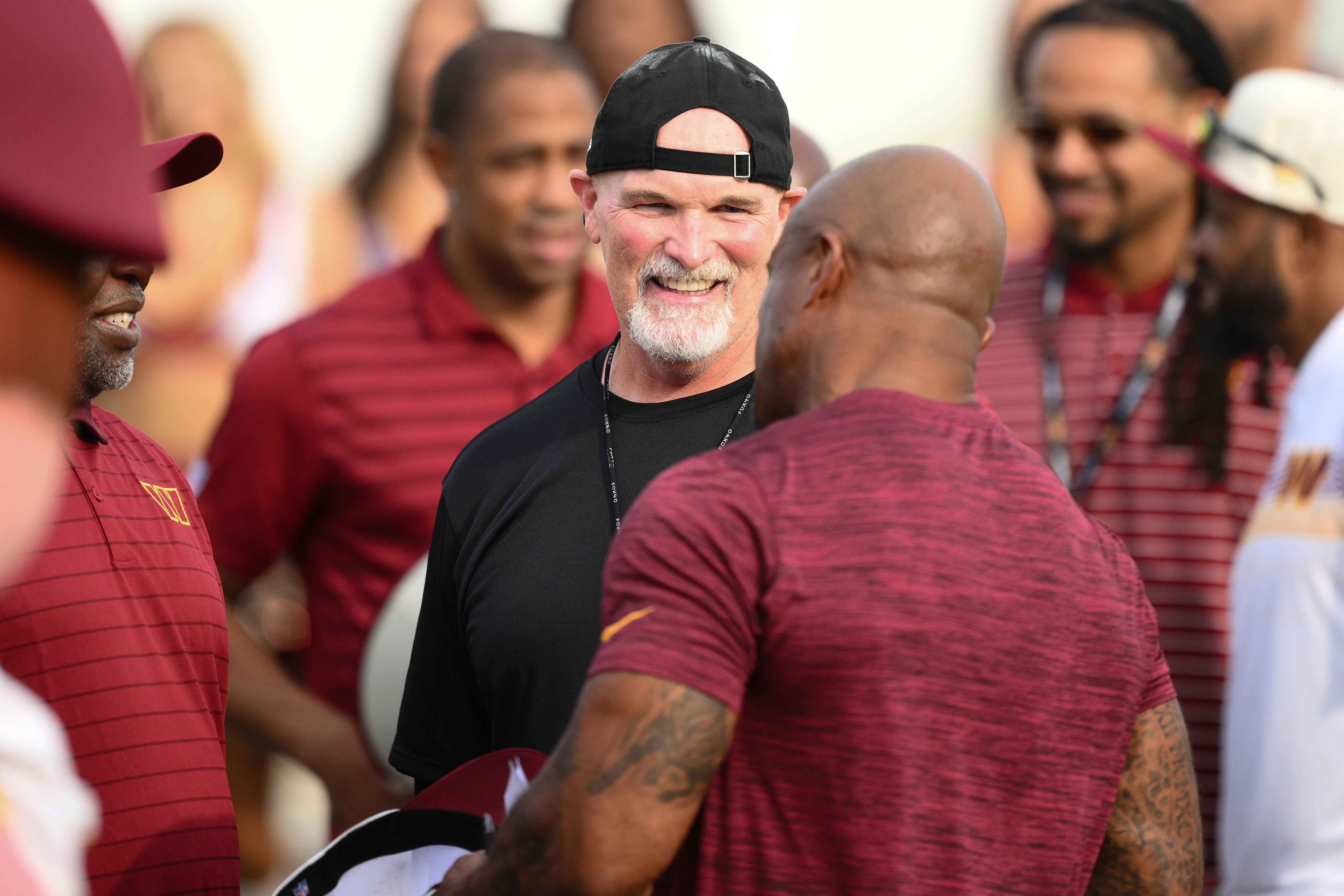 Washington Commanders head coach Dan Quinn at the team's training camp practice on Aug. 1.