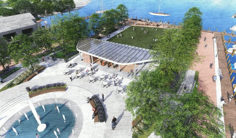 An artist's rendering shows the proposed look of a new park at City Dock, with the proposed Maritime Welcome Center to the left.