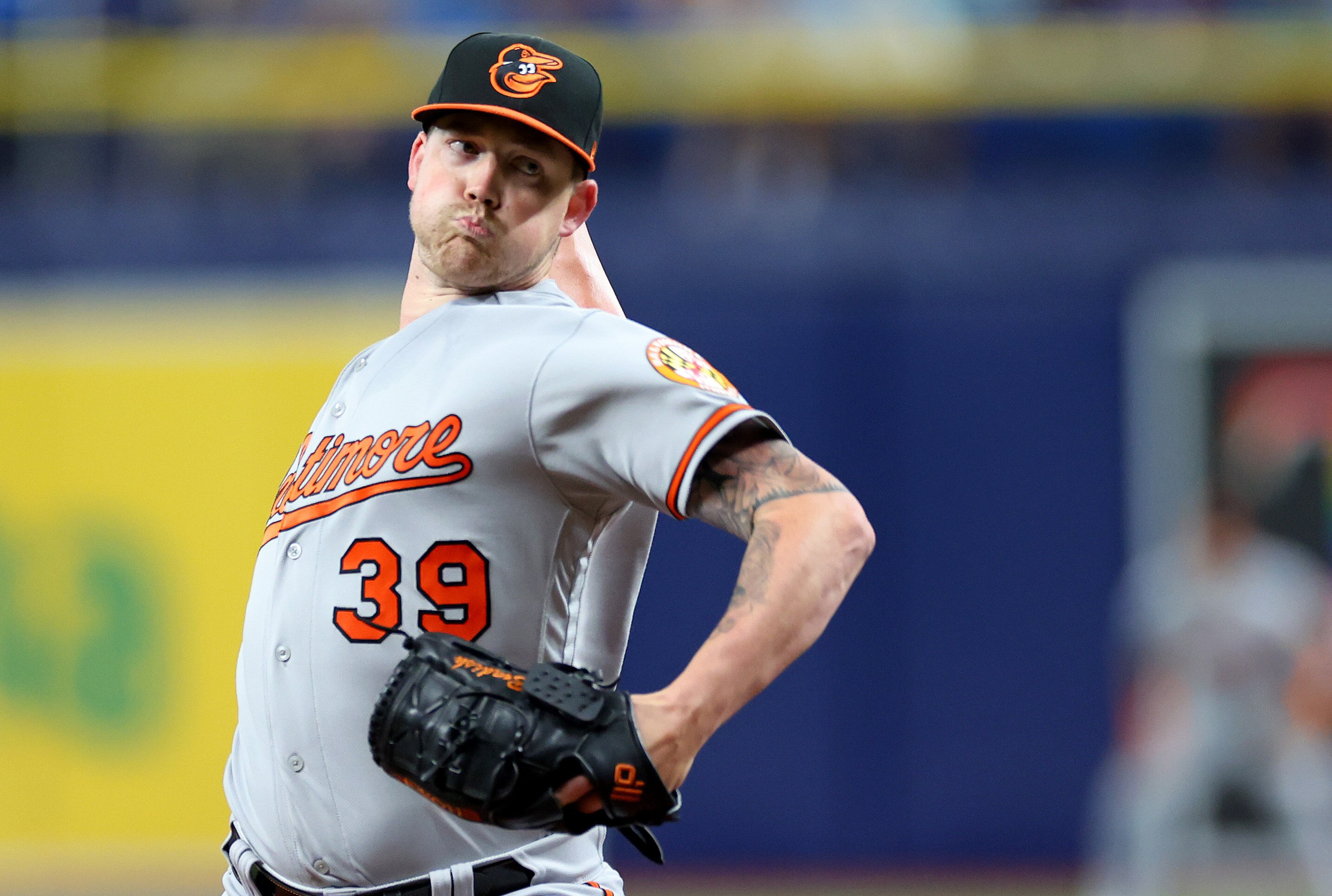 Kyle Bradish, No. 39 of the Baltimore Orioles, pitches during a game against the Tampa Bay Rays at Tropicana Field on June 20, 2023 in St. Petersburg, Florida.