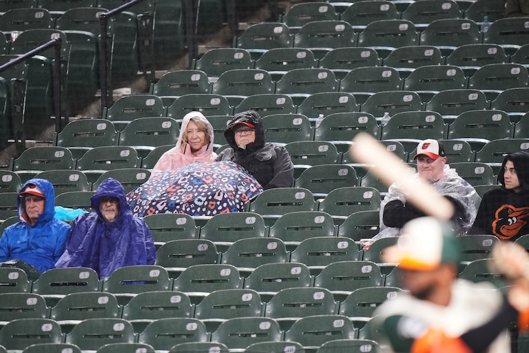 Fans wear ponchos as it rains during the seventh inning of a baseball game between the Baltimore Orioles and the Detroit Tigers, Friday, May 22, 2026, in Baltimore. (AP Photo/Stephanie Scarbrough)