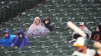 Fans wear ponchos as it rains during the seventh inning of a baseball game between the Baltimore Orioles and the Detroit Tigers, Friday, May 22, 2026, in Baltimore. (AP Photo/Stephanie Scarbrough)