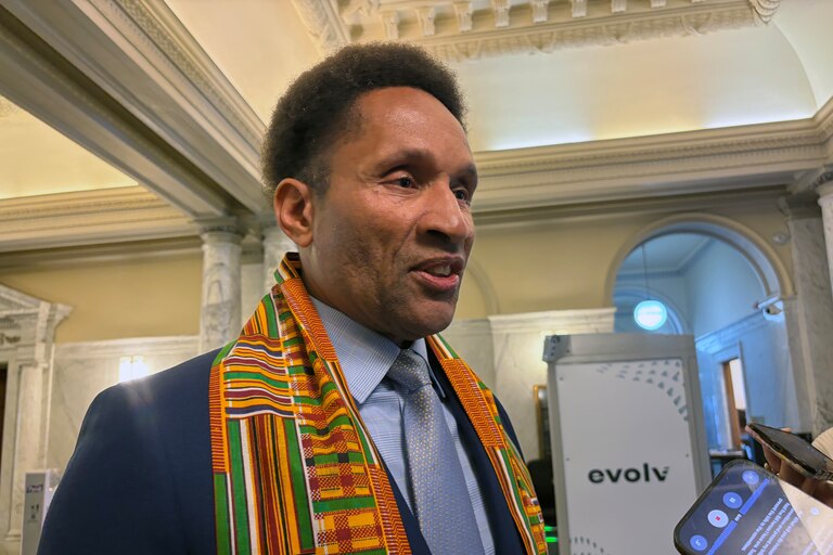FEBRUARY 5, 2026 - Maryland state Sen. Arthur Ellis, a Charles County Democrat, speaks to reporters at the State House after he announced he would not register his attendance in the Senate as a protest against the Senate president's decision not to call a vote on a new map of congressional districts.