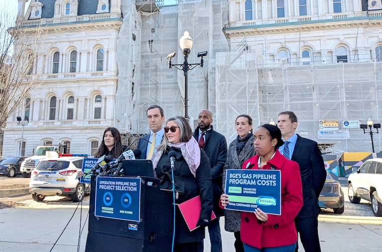 Emily Scarr, a senior advisor with Maryland Public Interest Research Group (PIRG), speaks at a press conference outside of Baltimore's City Hall about a report released on Wednesday by PIRG that finds BGE has been prioritizing profit over safety when selecting its expensive gas infrastructure projects. She is joined by Baltimore City Council President Zeke Cohen, City Councilmember Mark Conway, Del. Elizbeth Embry, Maryland People's Counsel David Lapp, and Brittany Baker, the Maryland Director of the Chesapeake Climate Action Network.
