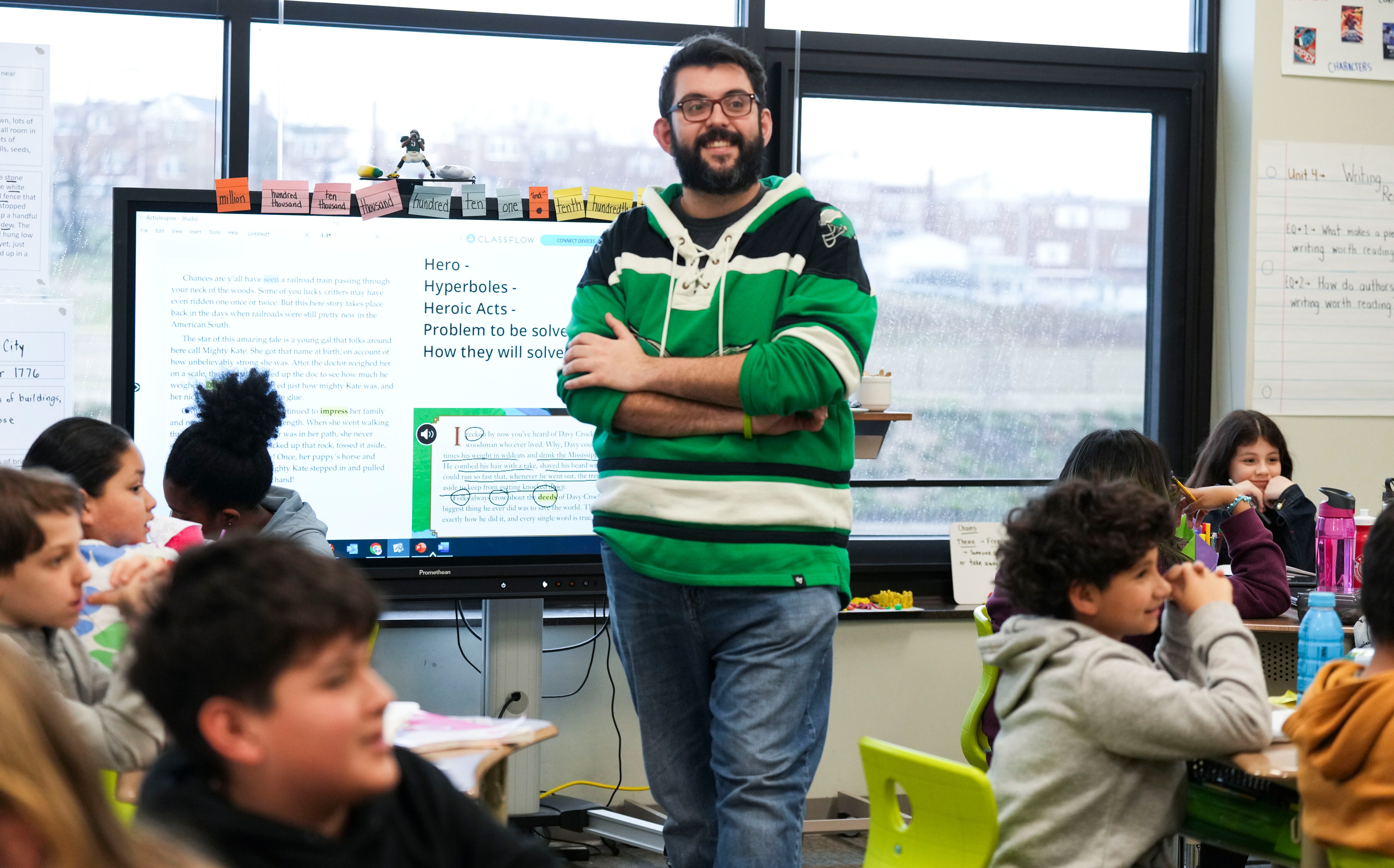 James Matamoros teaches his fifth grade class at Berkshire Elementary School on March 3, 2023.
