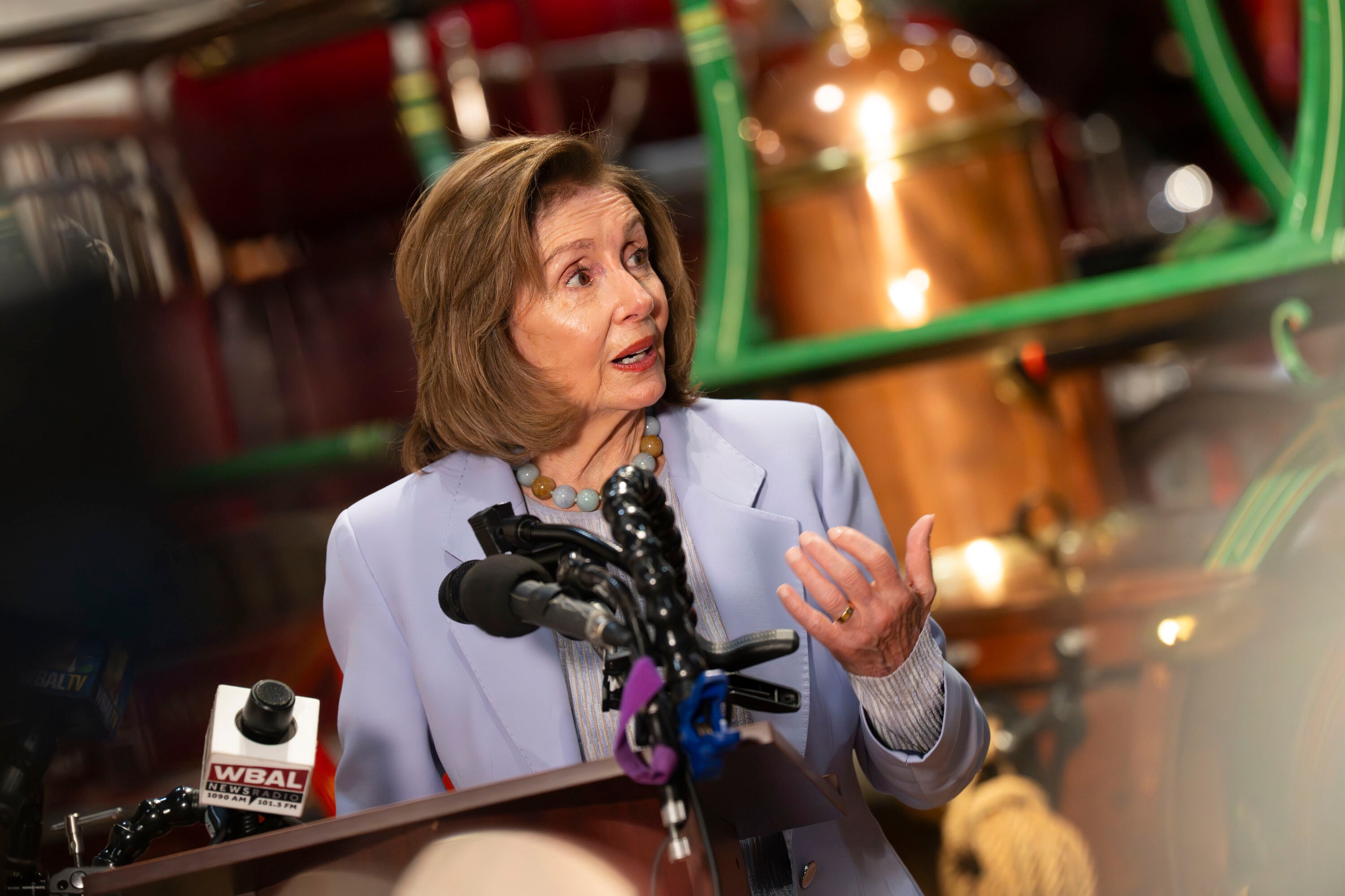 Rep. Nancy Pelosi gives remarks about the recent shootings in the United States America on September 12, 2025 at the Fire Museum of Maryland during a ceremony to commemorate the recently restored fireboat "Tommy," which was commissioned in 1956 and named in honor of Pelosi's father, Thomas D’Alesandra Jr., who was the sitting mayor at the time.