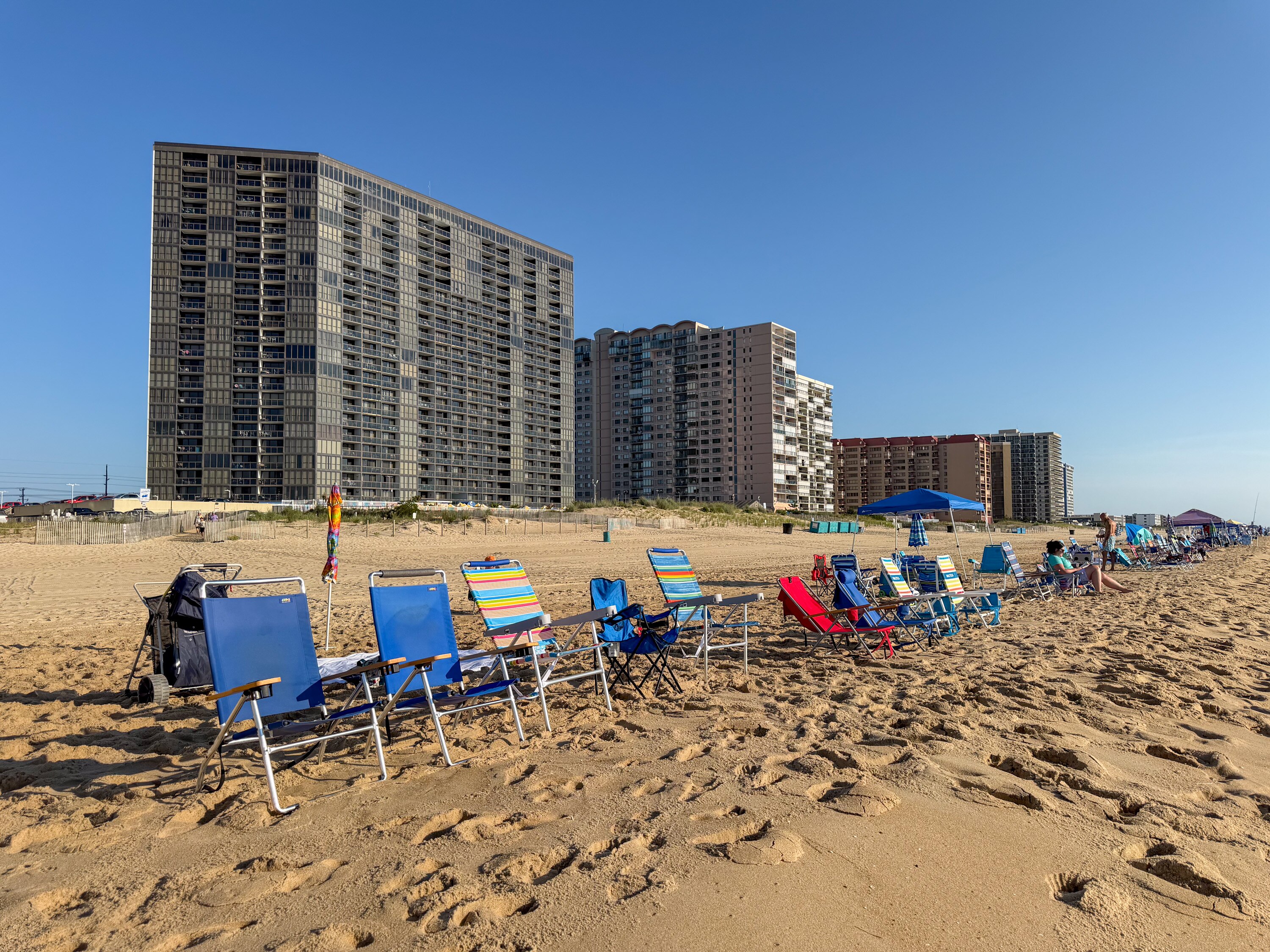 Empty chairs are seen lined up at 7 a.m., reserving a prime section of beach in Ocean City.