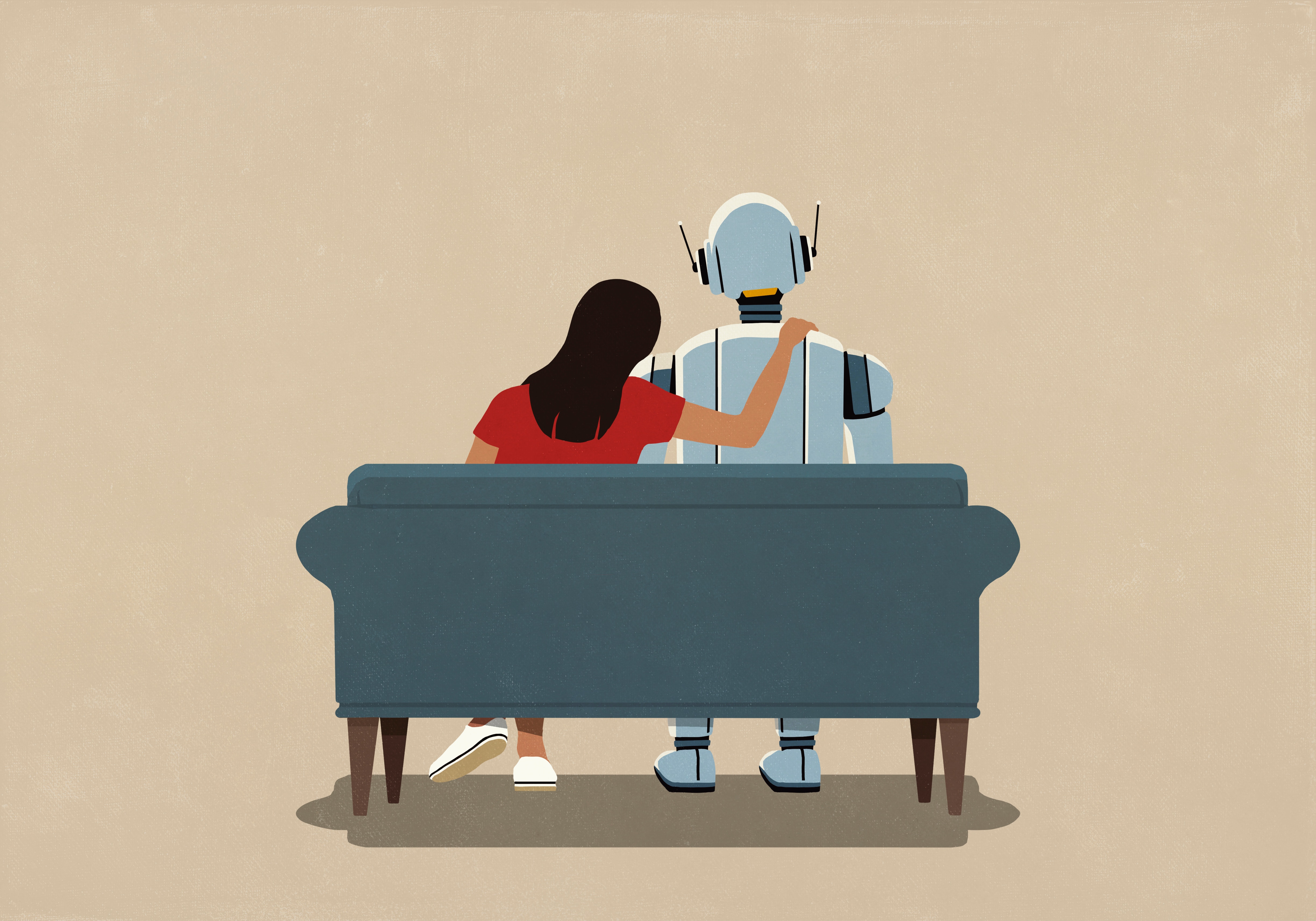Affectionate woman with arm around AI robot on sofa - stock illustration